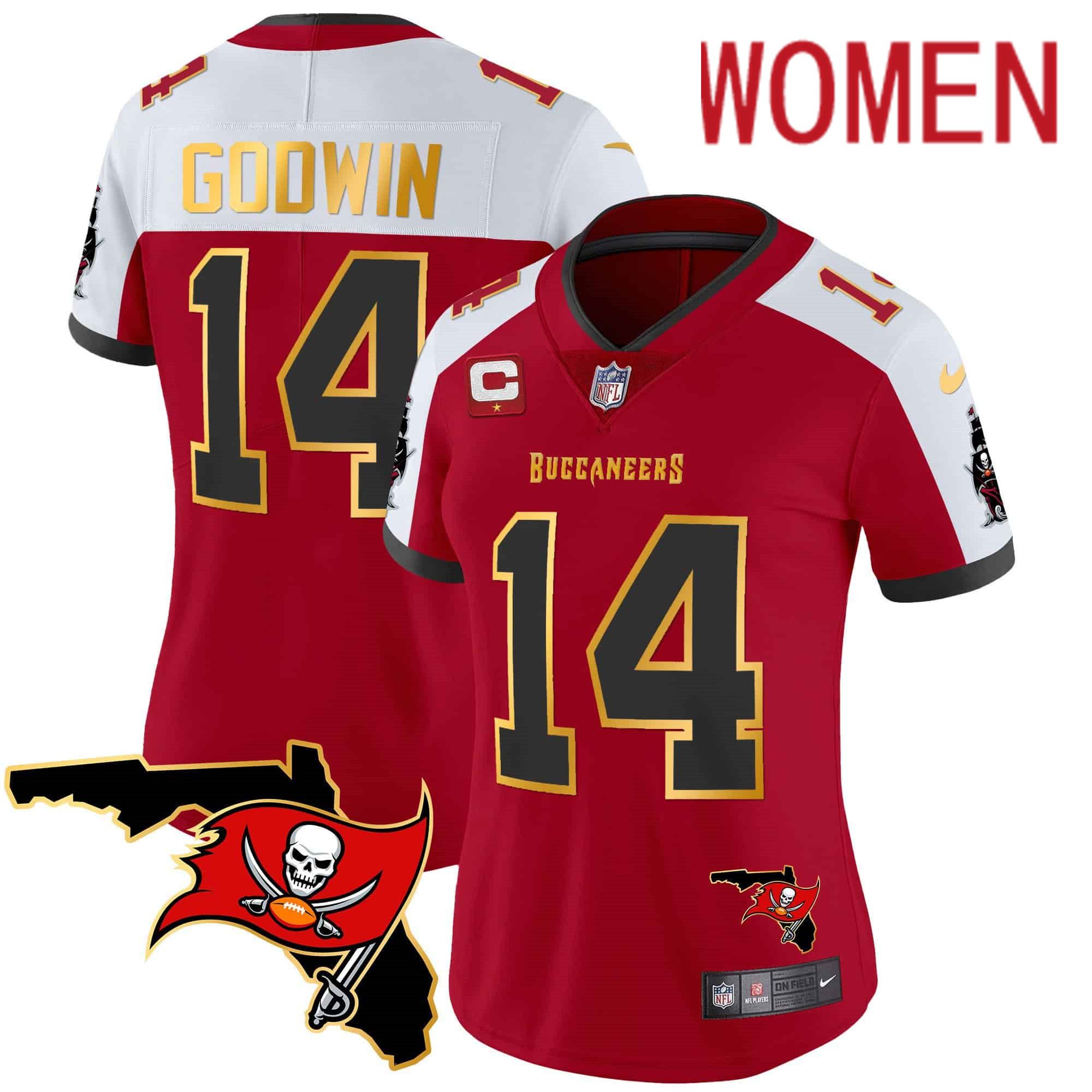 Women Tampa Bay Buccaneers 14 Godwin Red 2024 Nike Florida Patch Gold Trim Vapor NFL Jersey